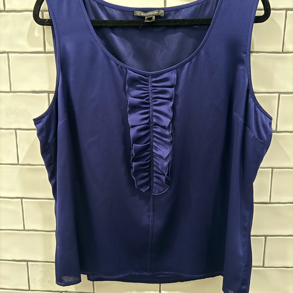 St. John Silk Sleeveless Blouse Ruched Front Blue Size L
